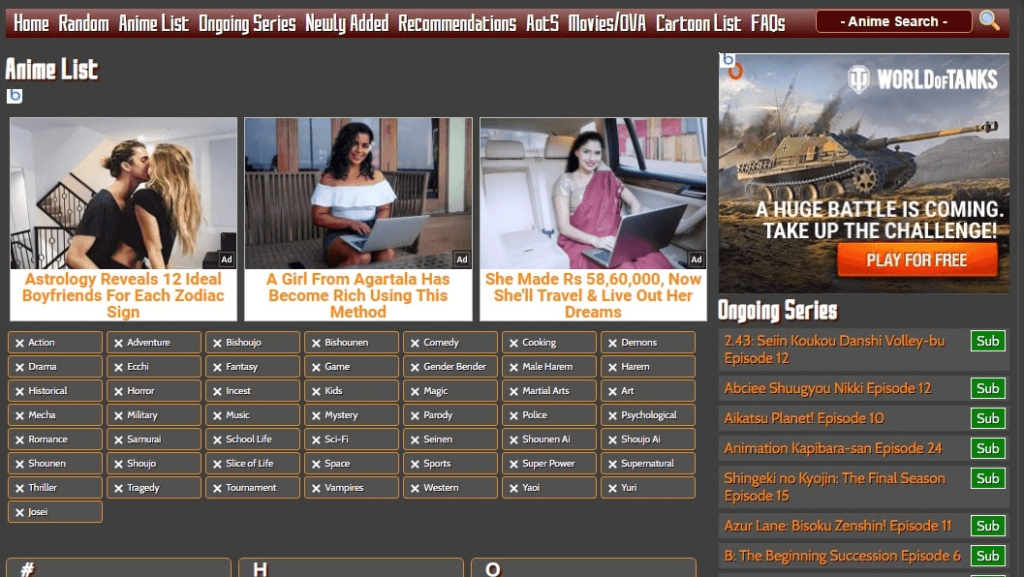 Aniwatcher website homepage screenshot