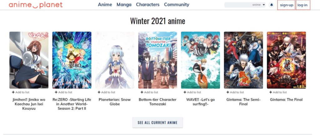 Screenshot of anime planet website
