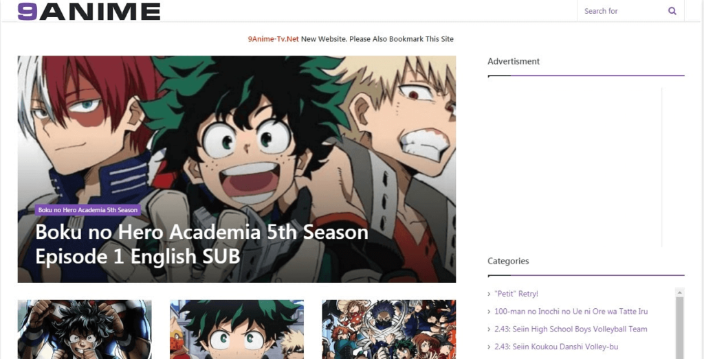 Screenshot of 9anime webpage