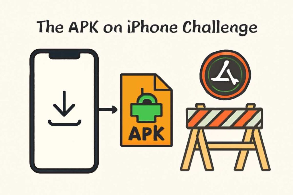 APK file and iPhone with a roadblock, symbolizing the challenge of installing APKs on iPhone