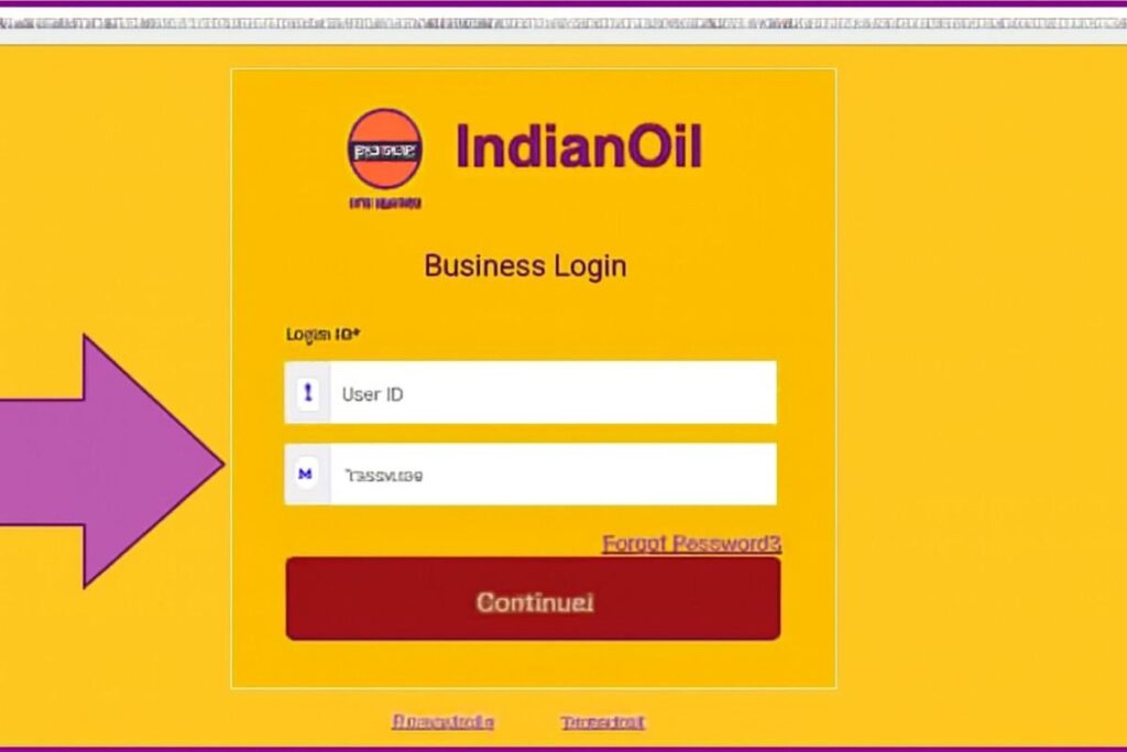 IndianOil Business Login page with vibrant colors, featuring fields for User ID and Password.