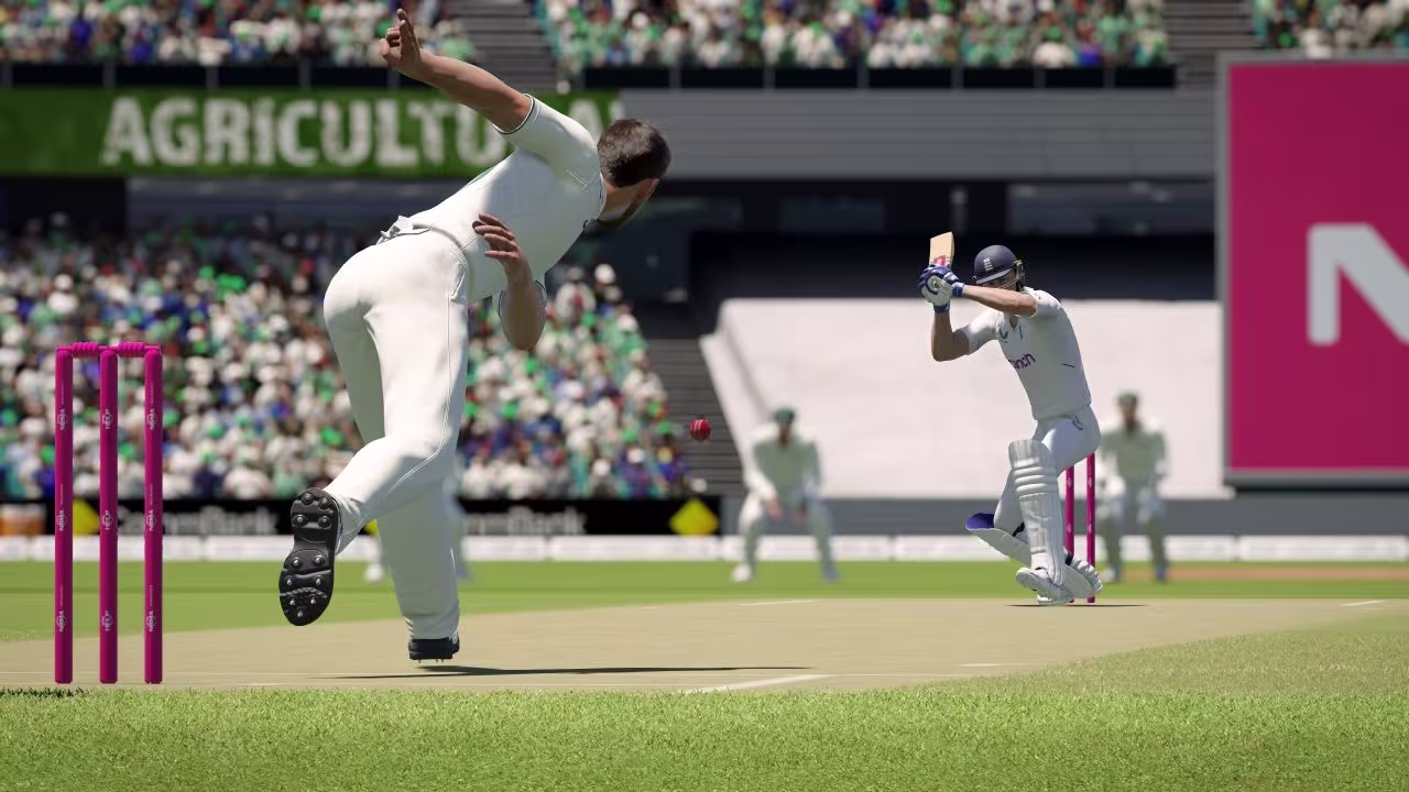 Screenshot of a player hitting the ball in a test match of the Cricket Game.