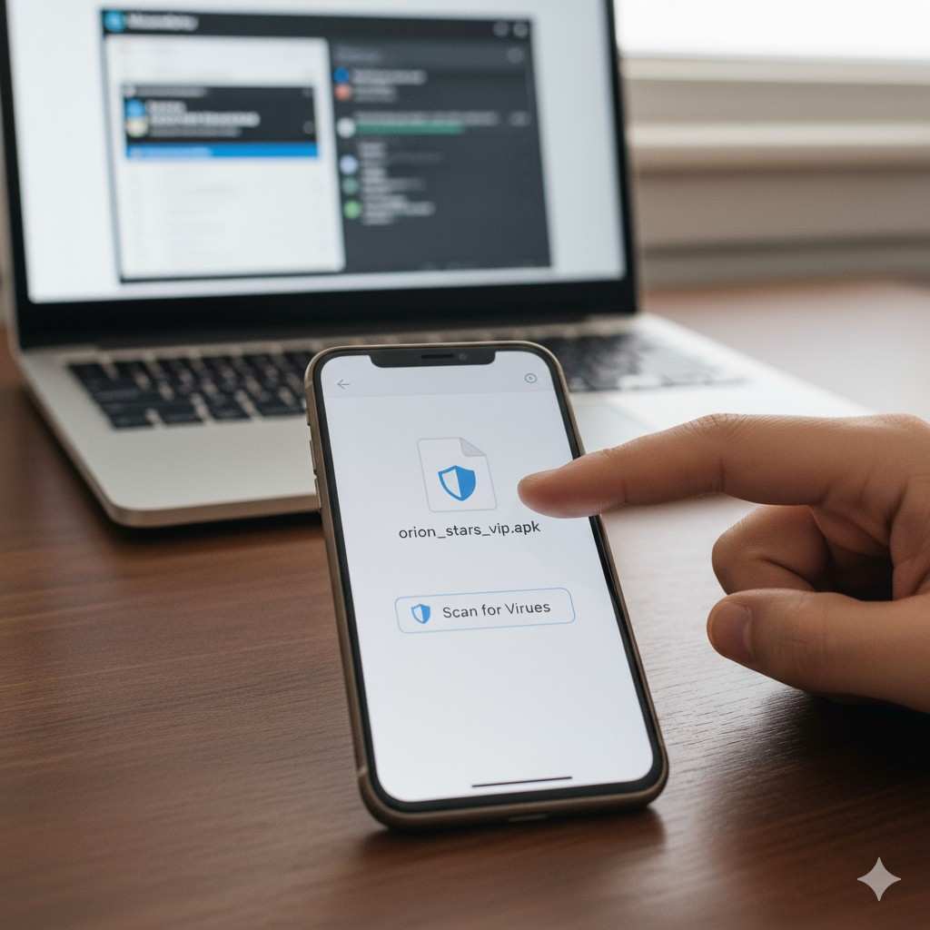 Close-up of a finger tapping 'Scan for Viruses' on a smartphone with an Orion Stars VIP APK file, with Malwarebytes open on a laptop in the background.