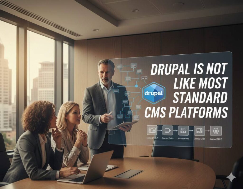 A professional team discussing the "Drupal is not like most standard CMS platforms" concept displayed on a holographic screen.