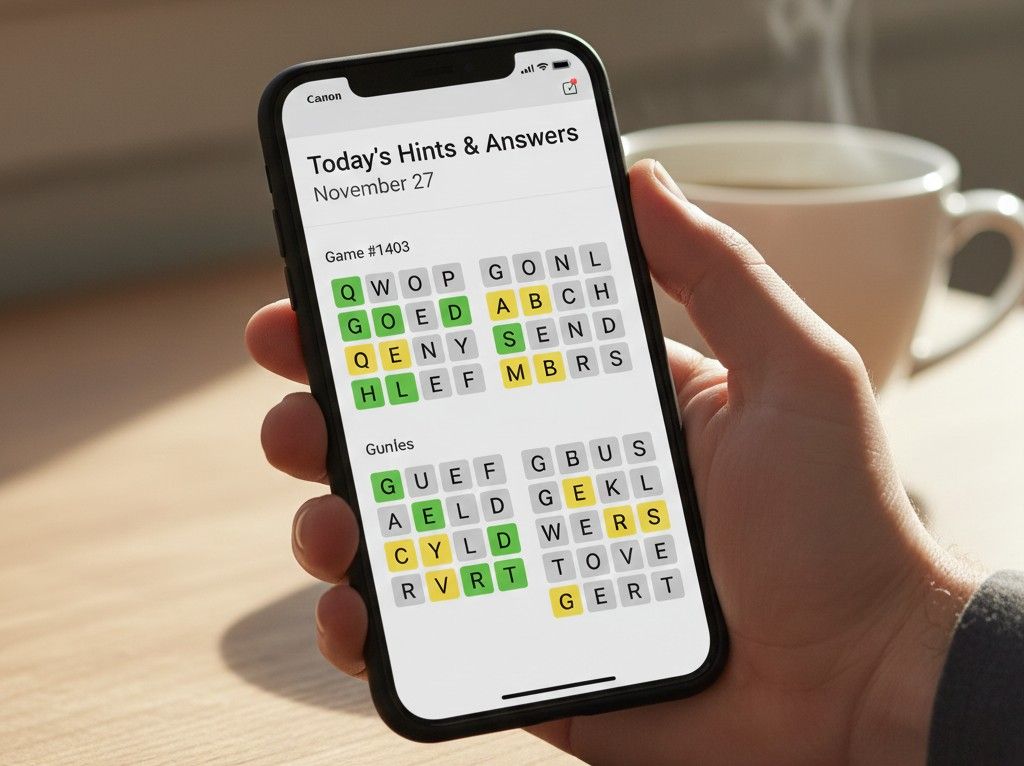 Quordle Hints & Answers Today: November 27, 2025 (Game #1403) Quordle hints today for Game #1403 showing four word puzzle grids with answers and colored letter tiles, November 27, 2025